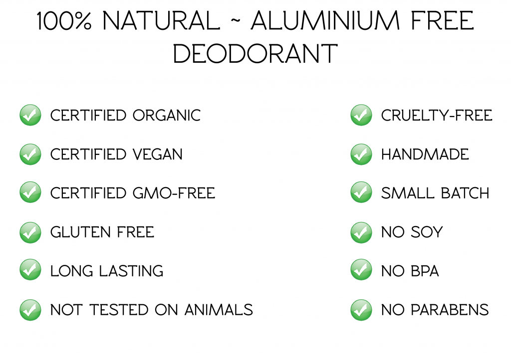 Image lists the qualities of our organic deodorant that actually works: certified organic, certified vegan, handmade, small batch, non-gmo, 100% natural deodorant, vegan deodorant, cruelty-free deodorant, and more.