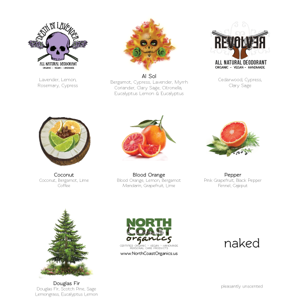 Photo that lists the organic essential oils that we use in our organic deodorant. Please download the pdf to get the full list in a text format.