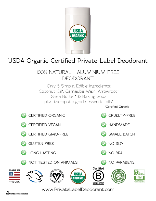 Private Label Deodorant image. Organic deodorant, vegan deodorant, cruelty free deodorant sell sheet.
