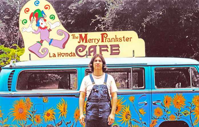 Nathan in front of the Merry Prankster Cafe with organic deodorant