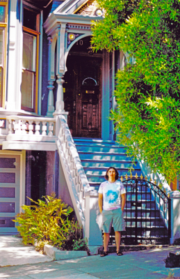 Nathan in front in of the Grateful Dead house for the organic deodorant line